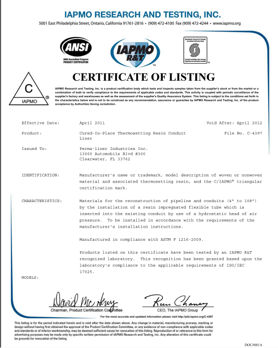IAPMO listing for cured in place